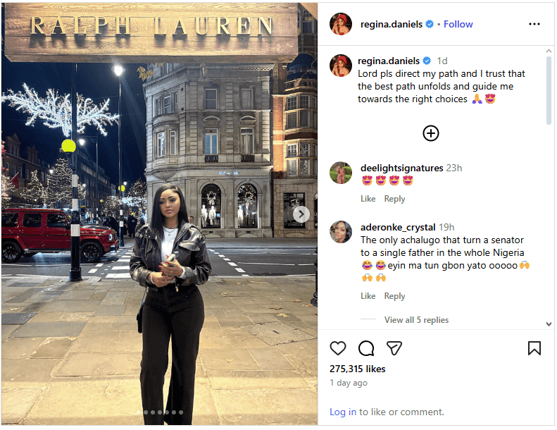 Actress Regina Daniels in London, Seeks God’s Guidance Amid Reports of Marriage Challenges